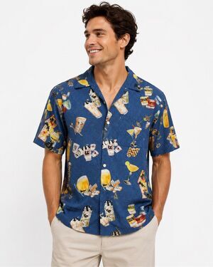 Third Rail Men’s XL Blue Hawaiian Camp Shirt Cocktail Tiki Domino Button Up VTG